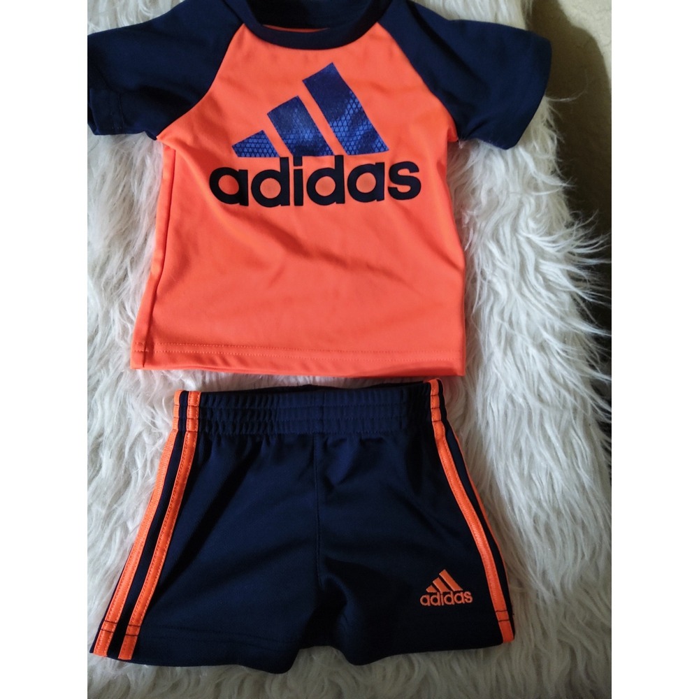 Adidas Infant Boys 3M Orange Navy Blue T-Shirt and Shorts 2 Piece Set